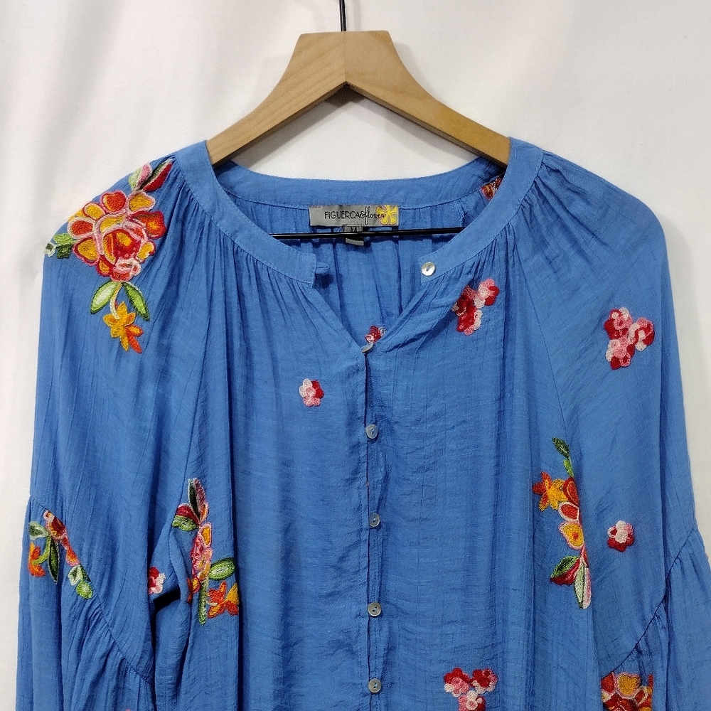 Figueroa & Flower Embroidered Papaya Floral Gauze Blouse Womens M Blue Artsy - Picture 3 of 10